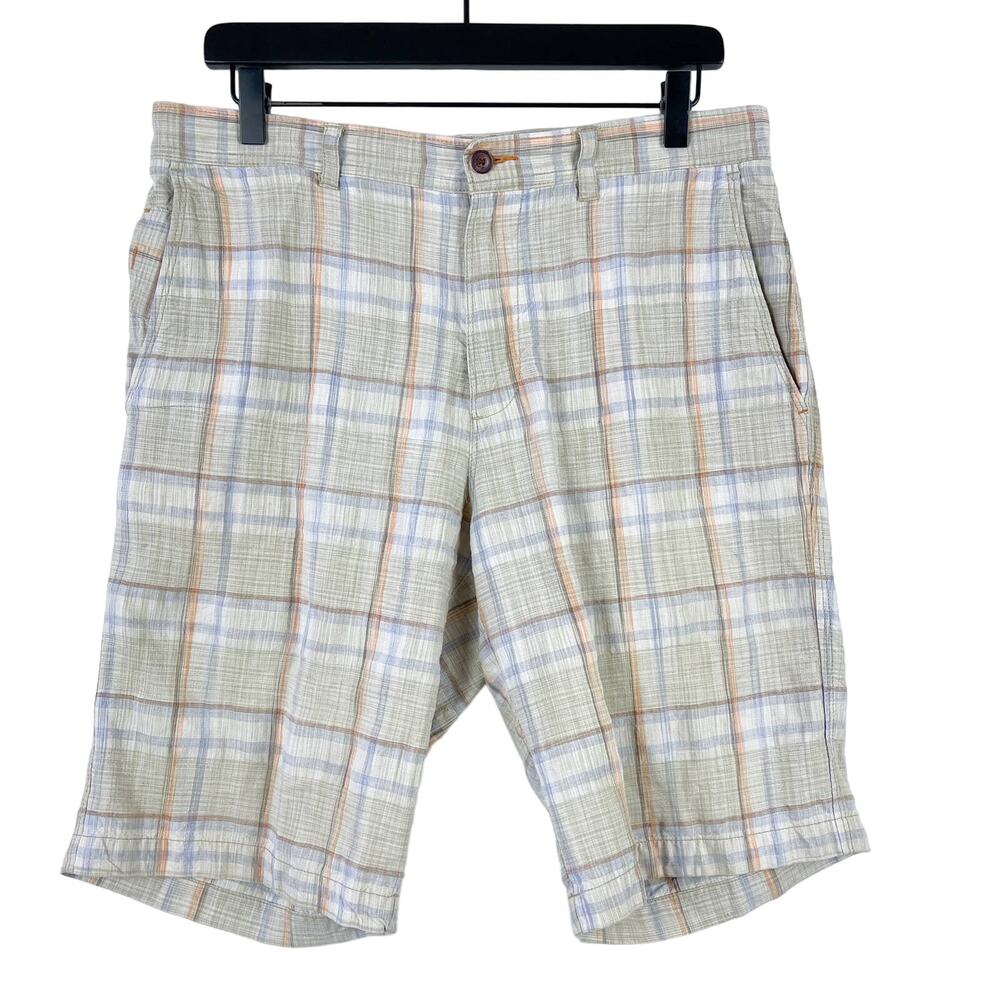 Tommy Bahama Mens 32 Linen Silk Plaid Shorts Beige Blue